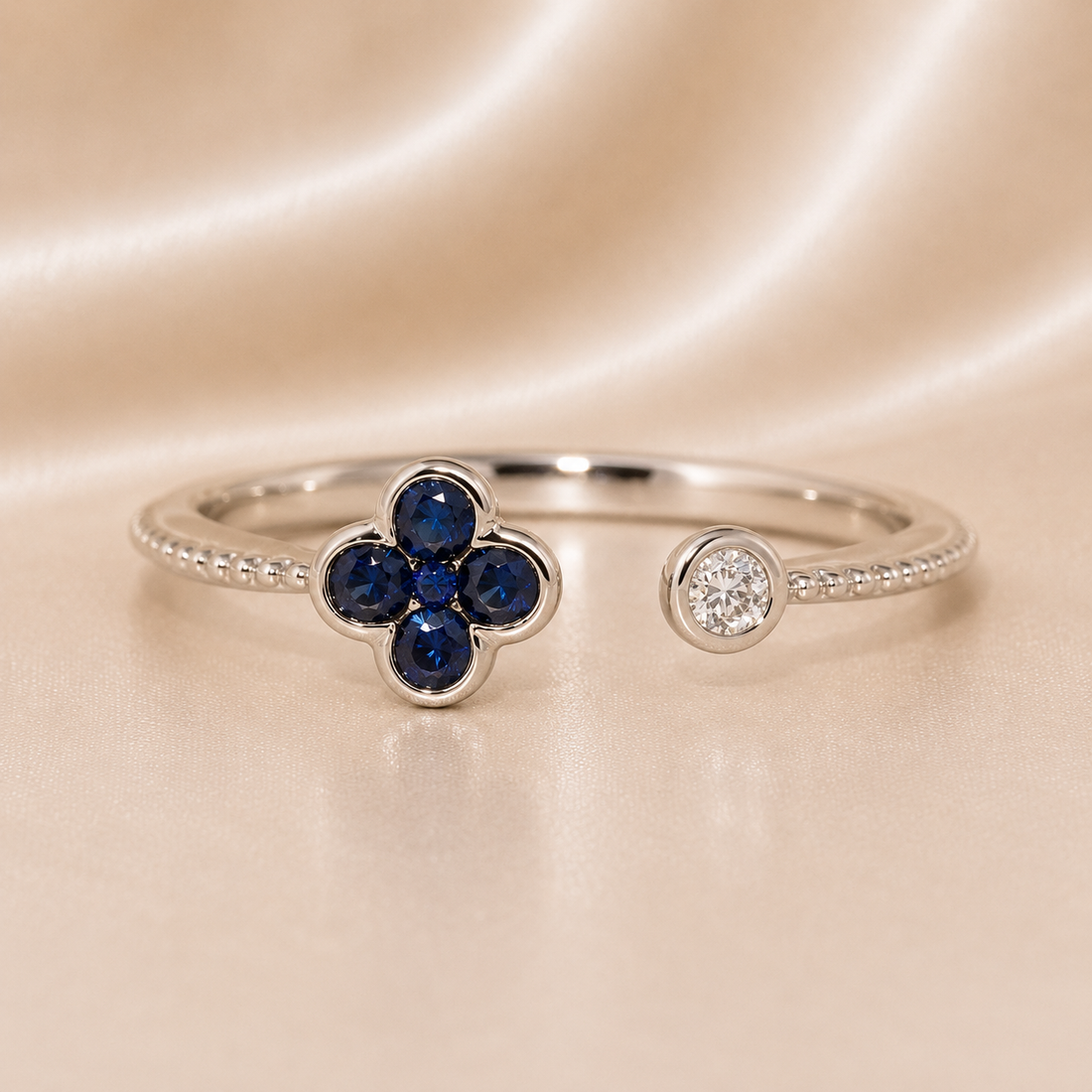 18K Gold | WG Clover .17CT Natural Sapphire & .04CT Natural Diamond Open Ring