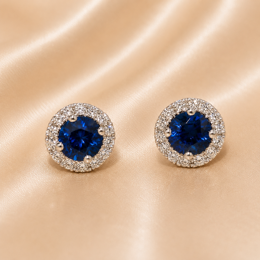 18K Gold | WG Round .71CT Natural Sapphire & .16CT Natural Diamond Halo Studs