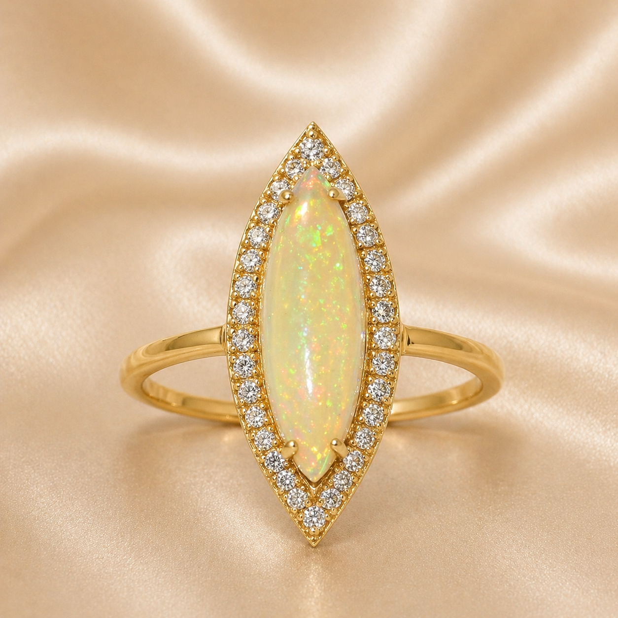 18K Gold | YG 1.48ct Opal Marquise & 0.23ctw Natural Diamond Ring