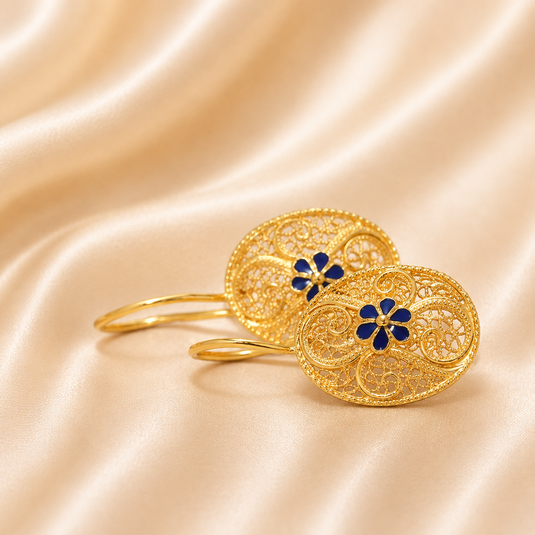 19.2K Portuguese Gold | Filigree Enamel Blue Petal Flower Dangling Earrings