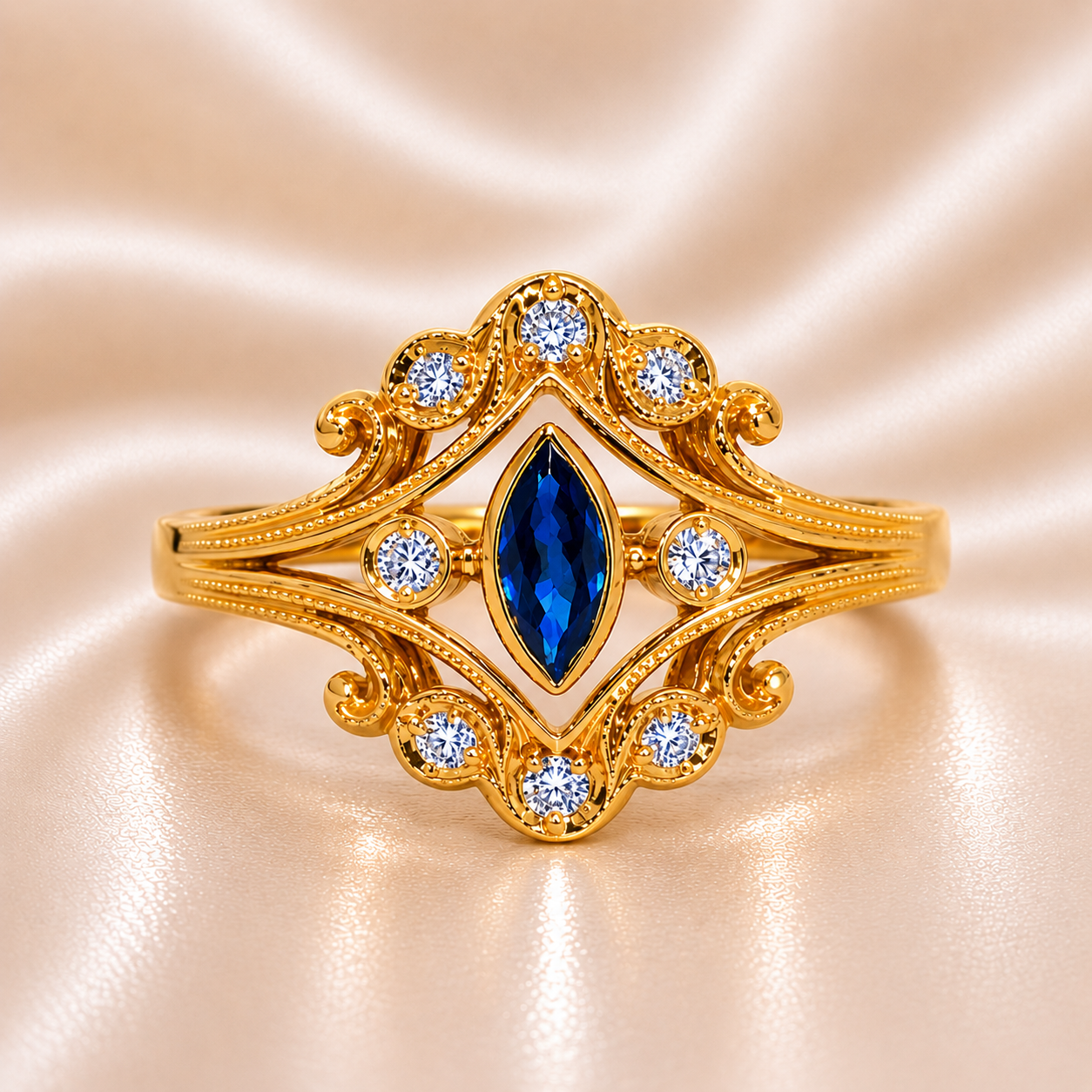 19.2K Portuguese Gold | .4ct Natural Marquise Blue Sapphire .12ct Natural Diamond Ring 