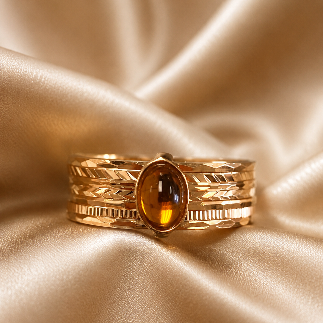 19.2K Portuguese Gold | 7 Band Ring with Round yellow Stone