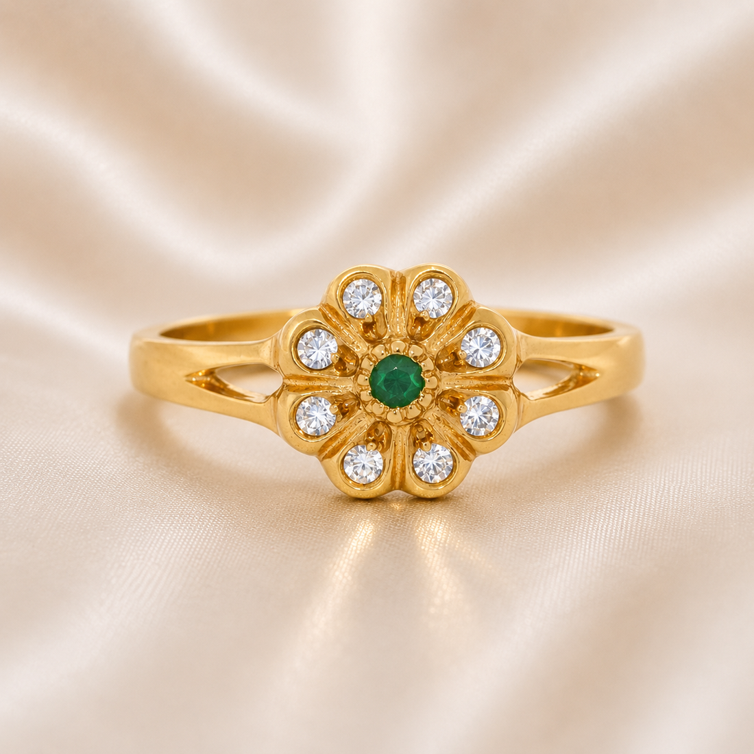 Gold ring with emerald and diamonds on a satin background 19.2K Portuguese Gold | Baby Emerald Flower Ring