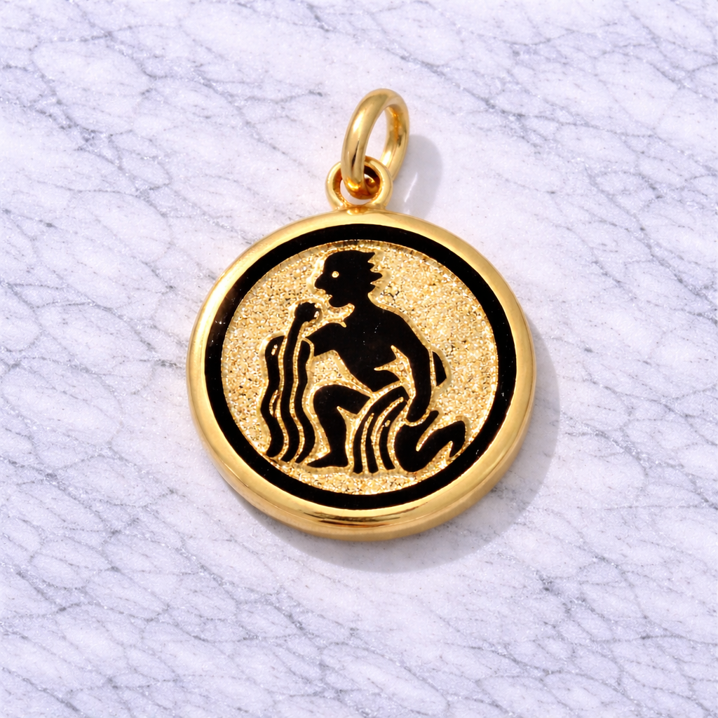 19.2K Portuguese Gold pendant with black  Aquarius silhouette of a person on a marble surface