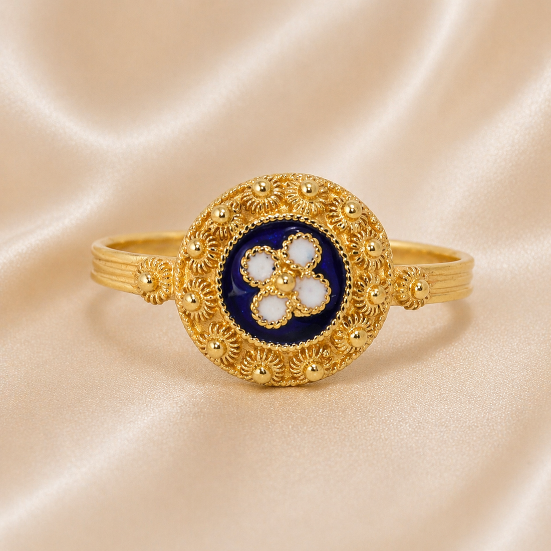 19.2K Portuguese Gold | Blue Enamel Ring with Flower
