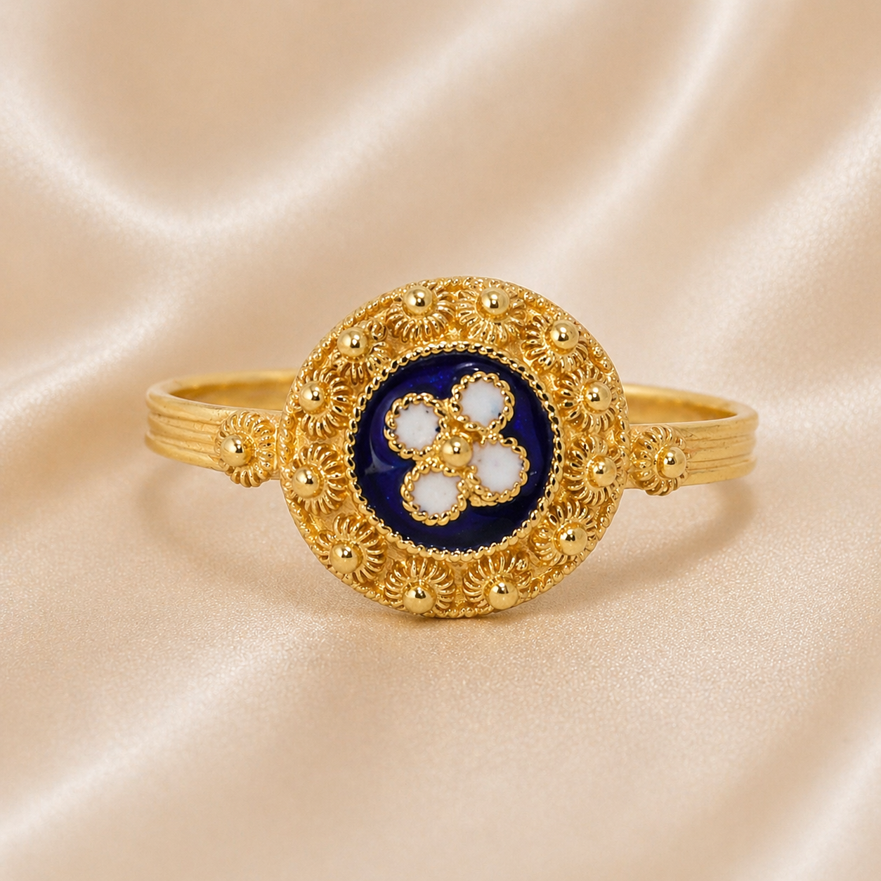 19.2K Portuguese Gold | Blue Enamel Ring with Flower