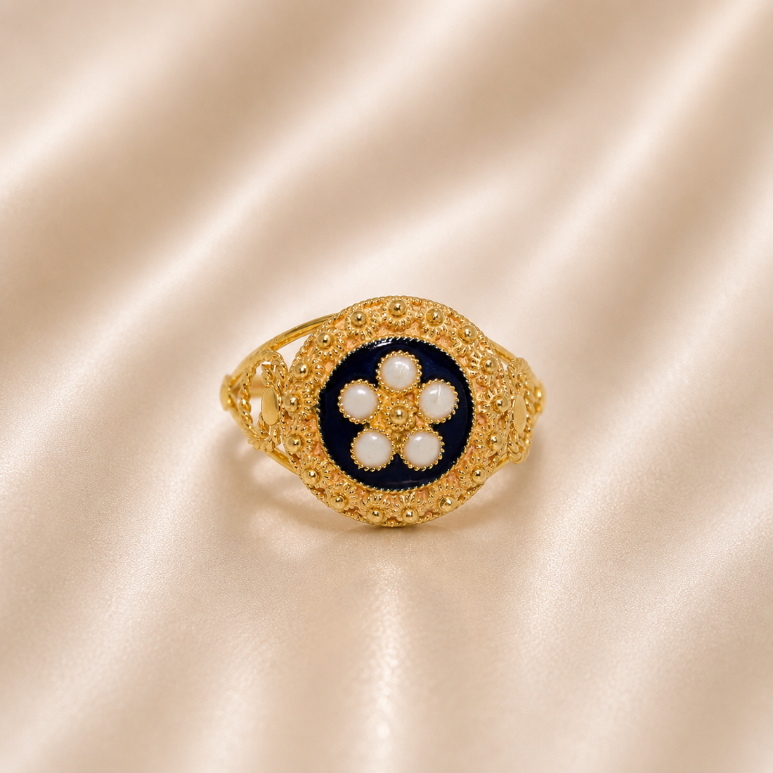 19.2K Portuguese Gold | Blue Enamel White Flower Petal Ring
