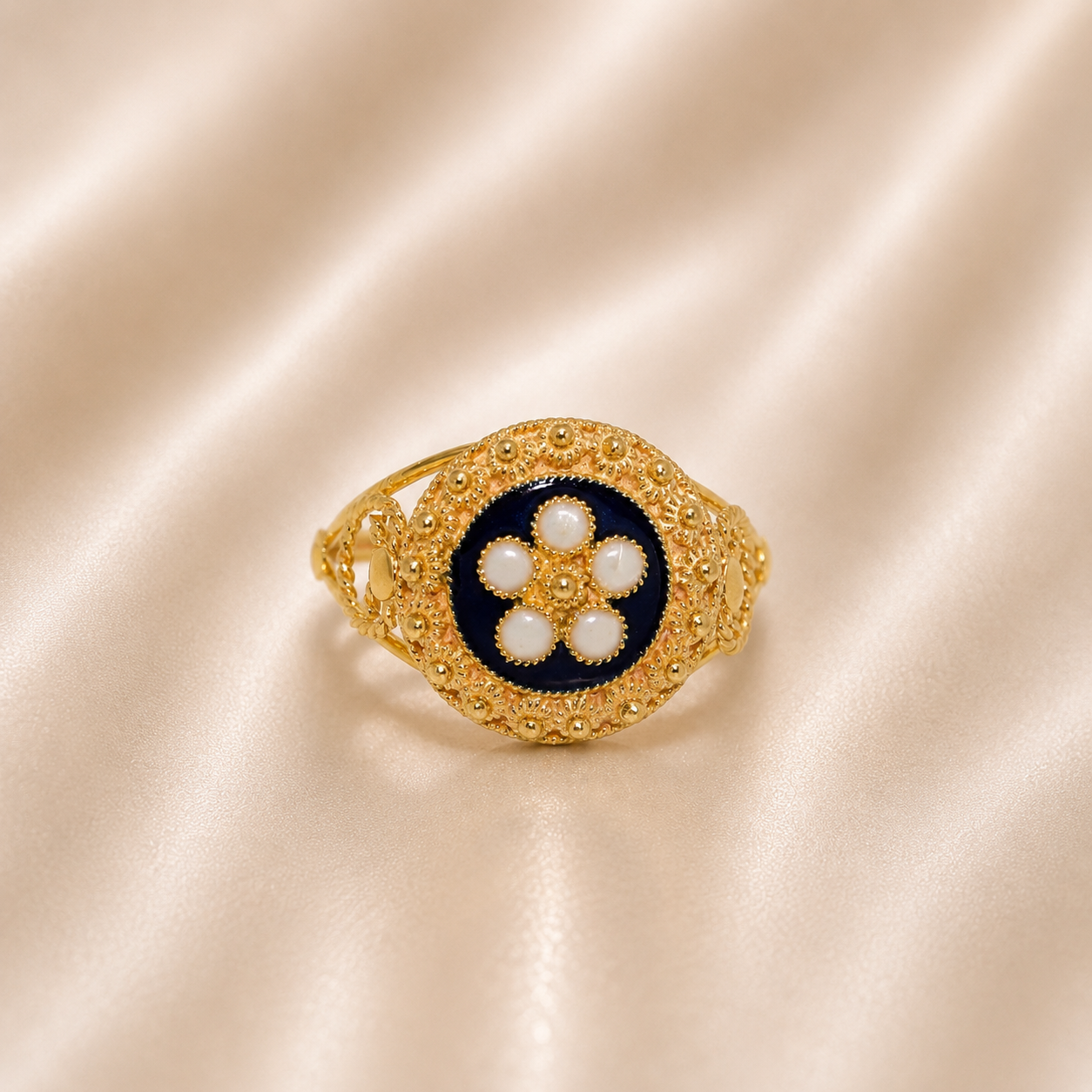 19.2K Portuguese Gold | Blue Enamel White Flower Petal Ring