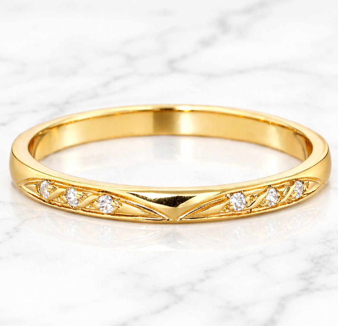 19.2K Portuguese Gold | CZ Etched Filigree Wedding Band