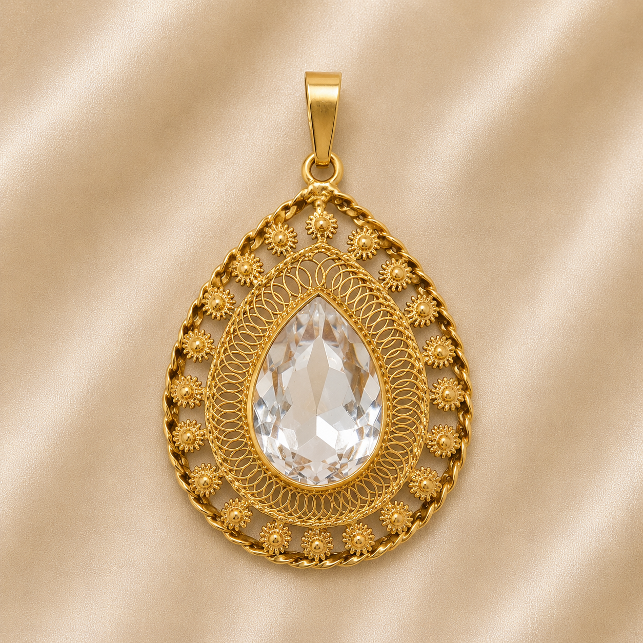 19.2K Portuguese Gold | Clear Gemstone Teardrop Pendant