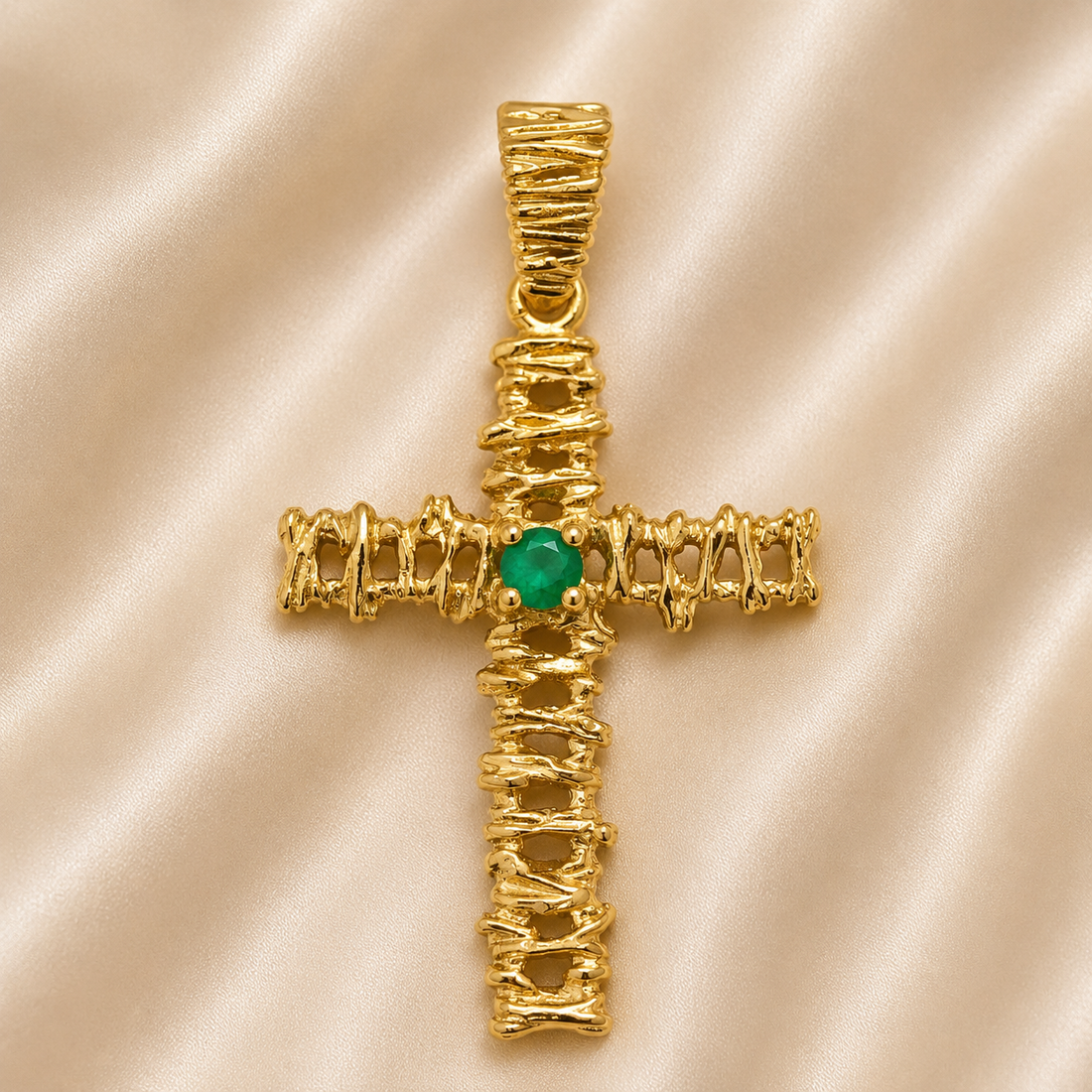 19.2K Portuguese Gold Cross with Emerald Stone Pendant