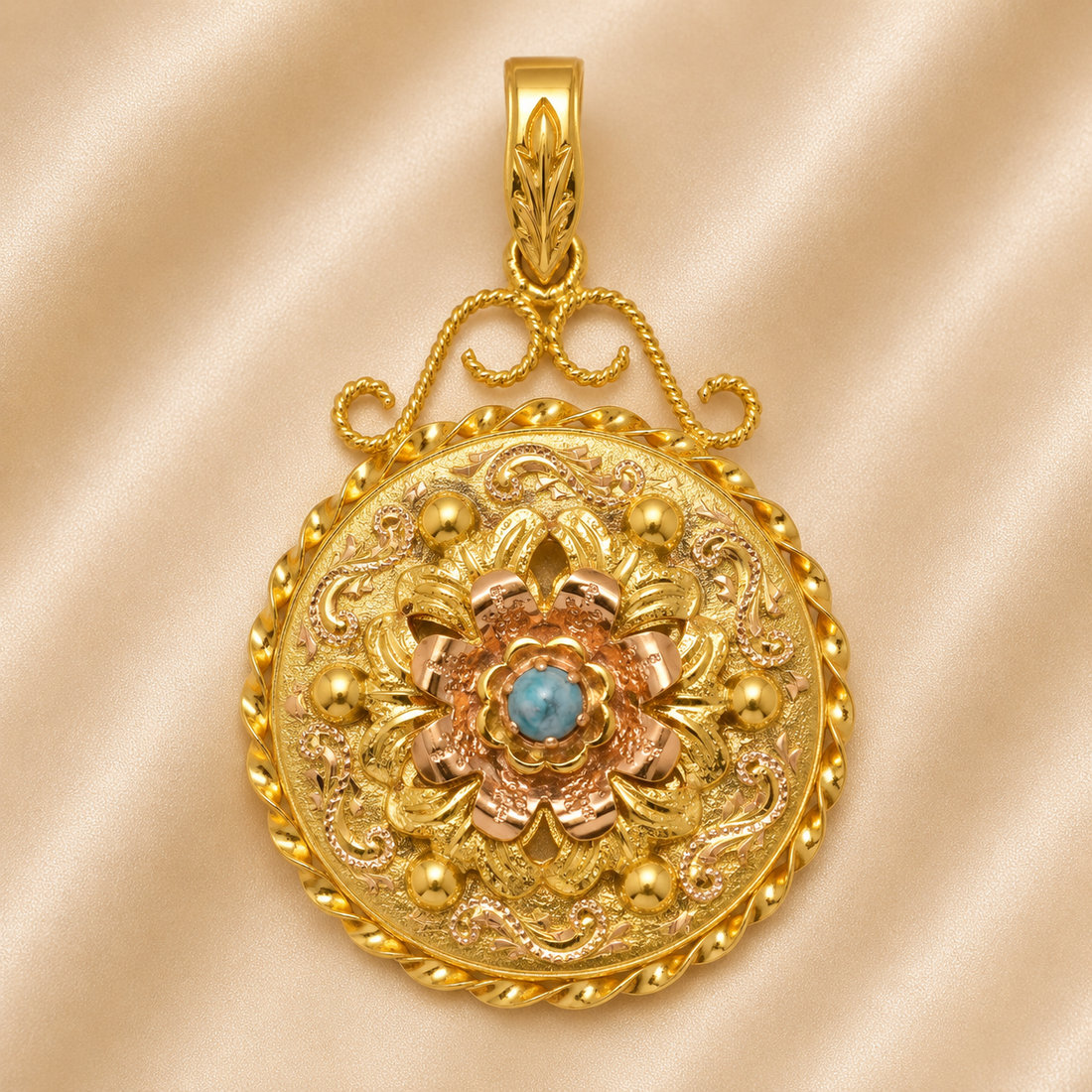 19.2K Portuguese Gold | Embossed Floral Design w/ Small Central Gemstone Pendant