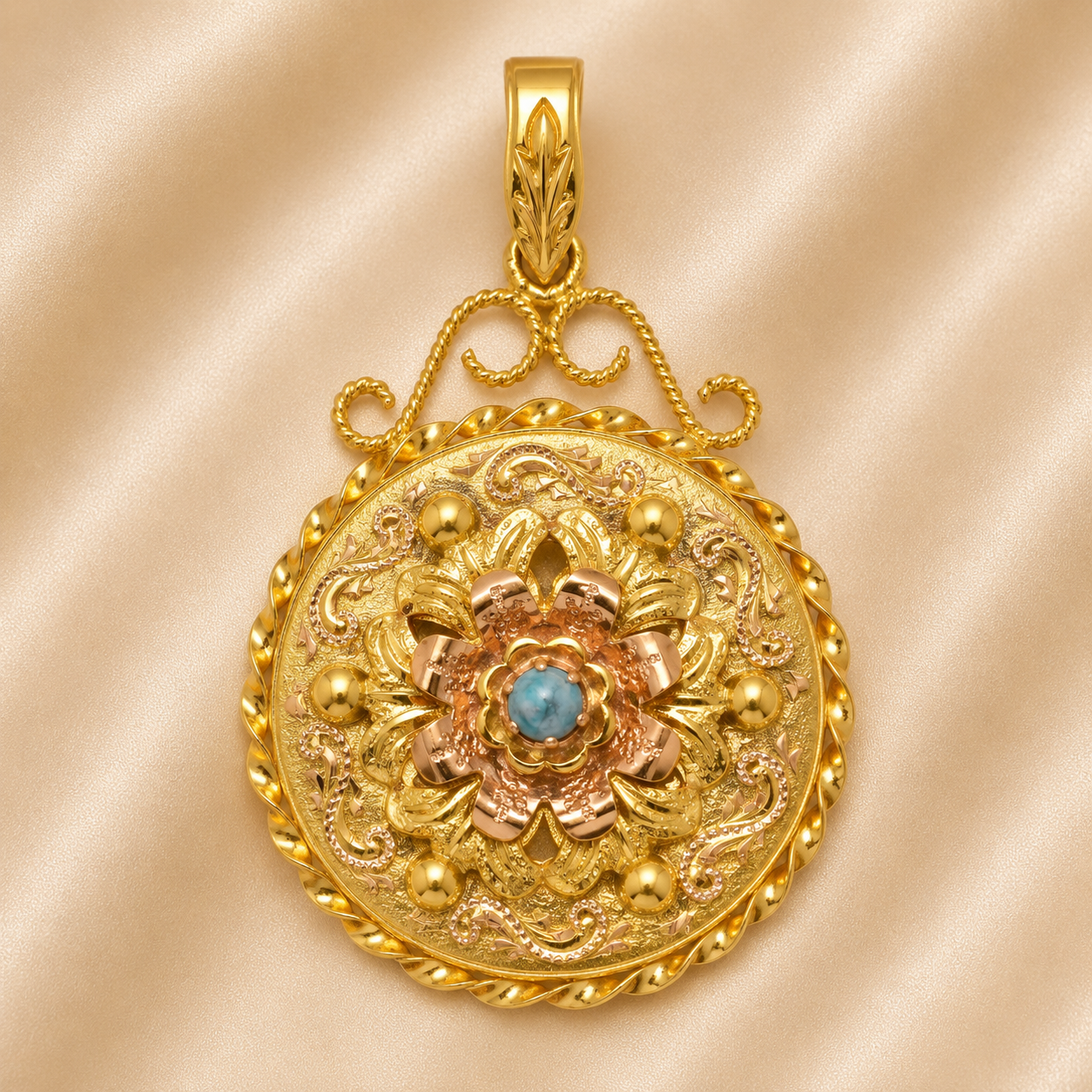 19.2K Portuguese Gold | Embossed Floral Design w/ Small Central Gemstone Pendant
