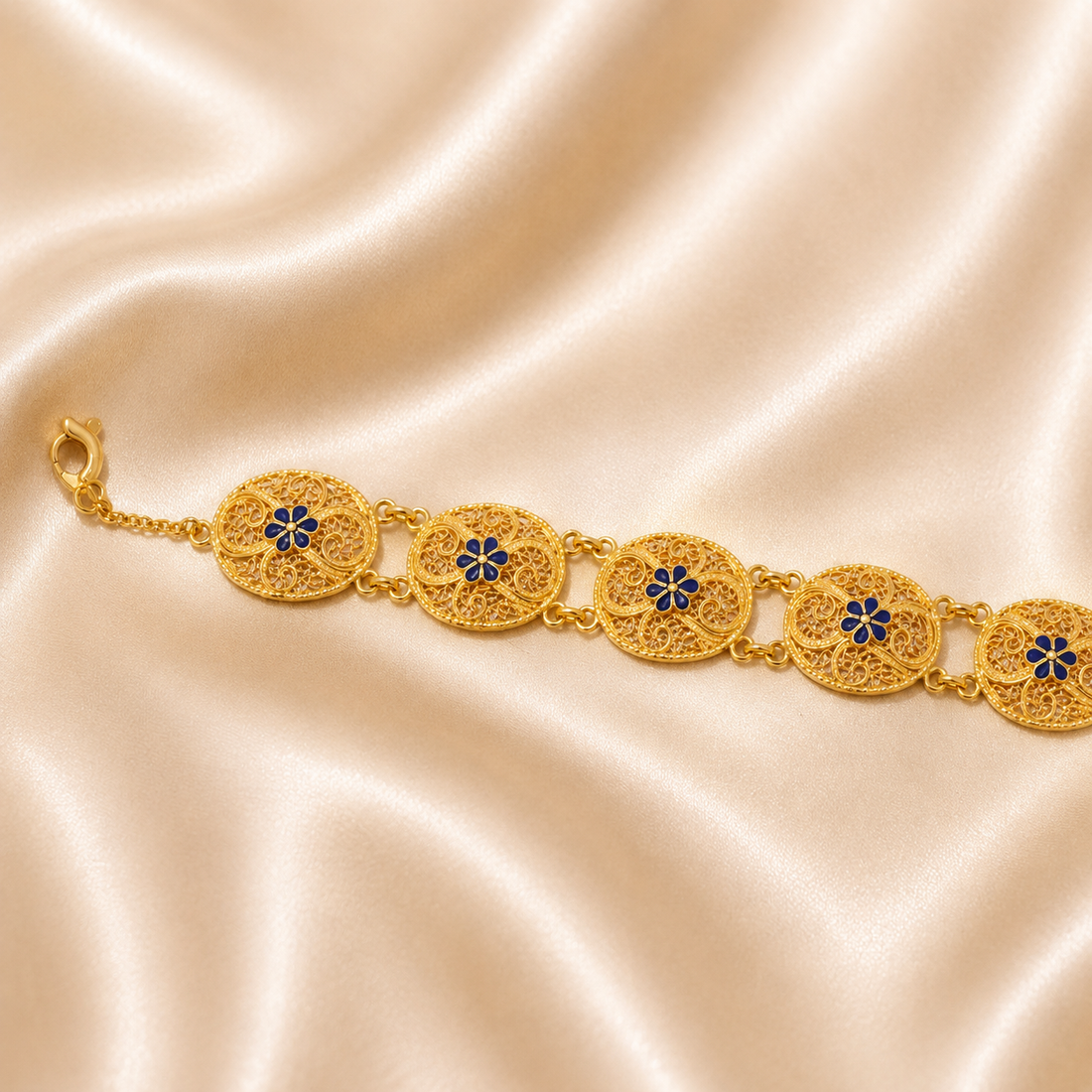 19.2K Portuguese Gold | Filigree Enamel Blue Petal Flower Bracelet with Adjustable Links