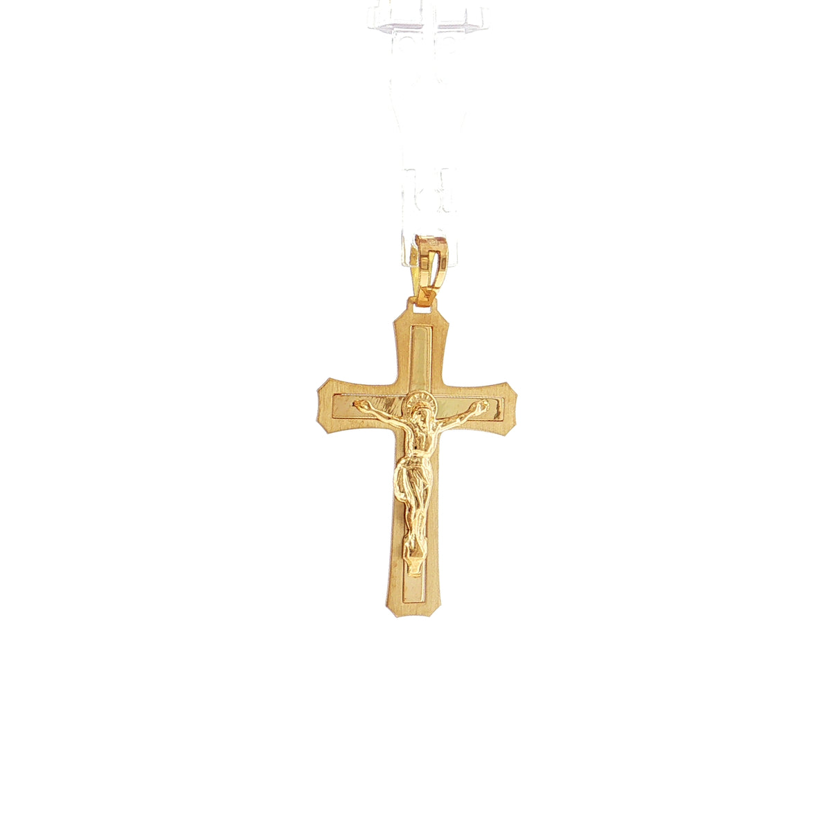 19.2K Portuguese Gold | Flat Detailed Polished Cross with Matte Border with Jesus Charm Pendant