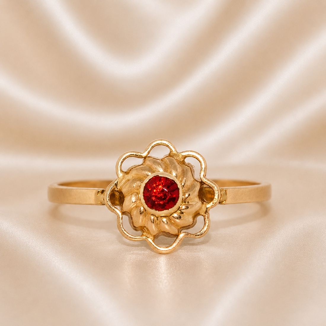 Gold ring with a red gemstone on a beige satin background 19.2K Portuguese Gold | Flower Ring With Ruby Infant Ring 