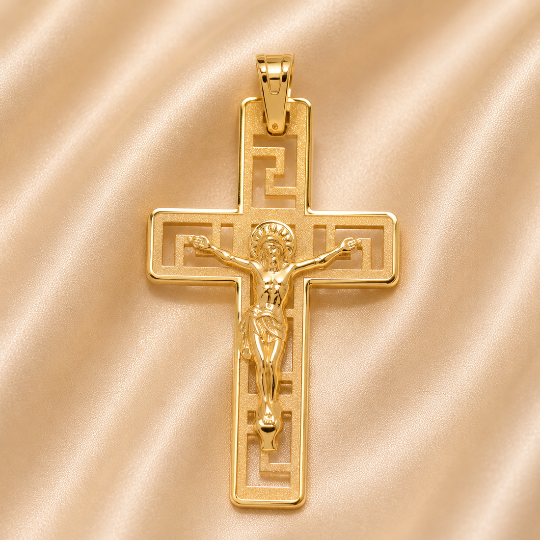 19.2K Portuguese Gold | Greek Key Design Crucifix Pendant
