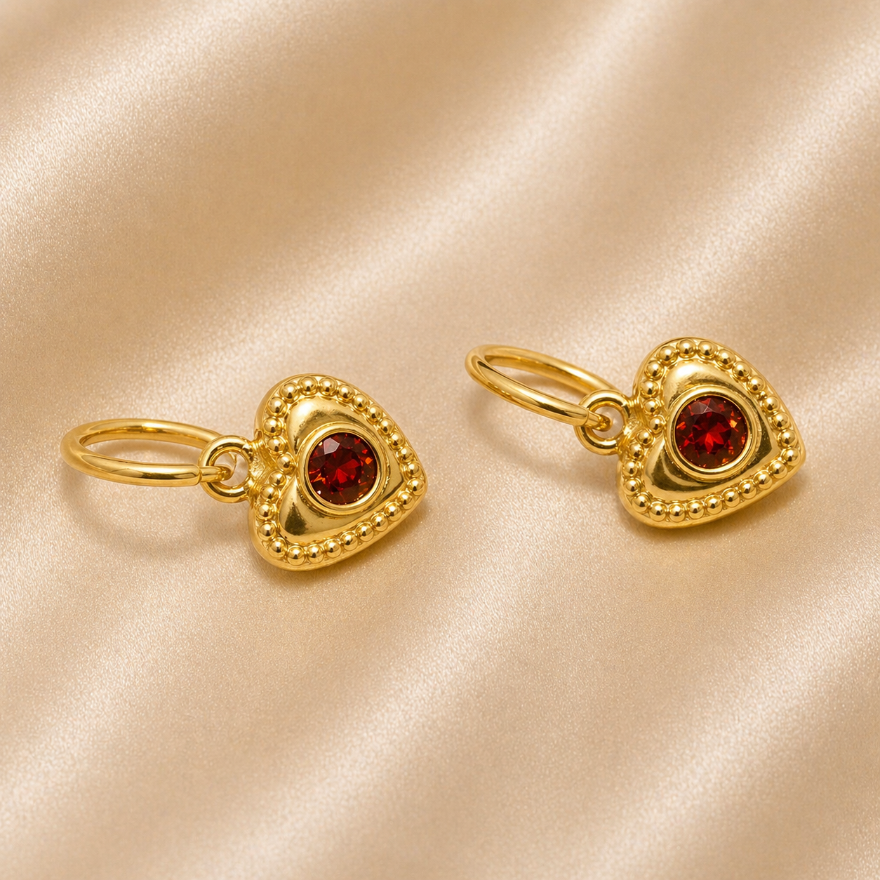 19.2K Portuguese Gold |  Heart Colored Stone Huggie Earrings red