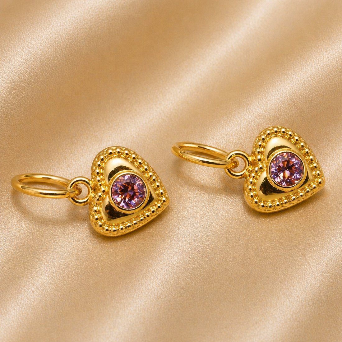 19.2K Portuguese Gold |  Heart Colored Stone Huggie Earrings pink