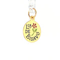 A round gold charm pendant with the text 'I'SA DE BISAVO' in black, a small red flower, and a green stem, hanging from a clear plastic loop on a white background. 19.2K Portuguese Gold | Lca de Bisavó (Great Grandmother) Charms