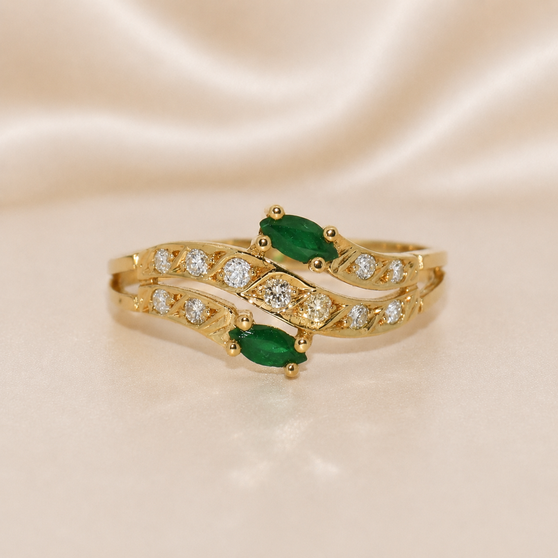 19.2K Portuguese Gold | Natural .35ct Emerald and .17ct Diamond Ring