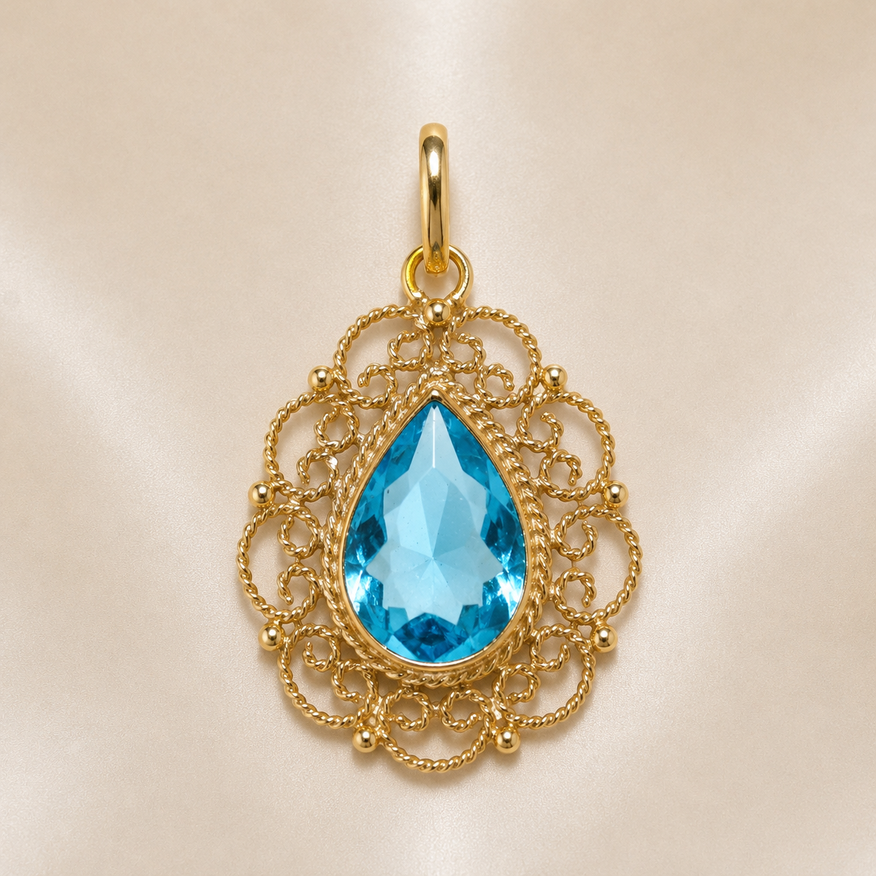 19.2K Portuguese Gold | Pear Shape Pendant with Aqua Stone