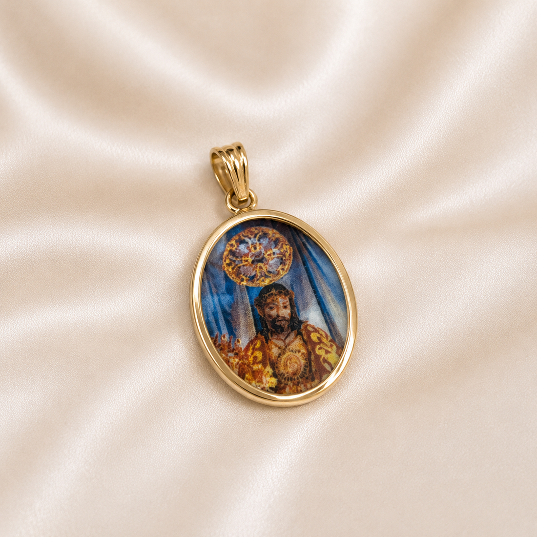 19.2K Portuguese Gold | Porcelain Bezel Saint Christ ( Santo Cristo ) Pendant Plain Bezel