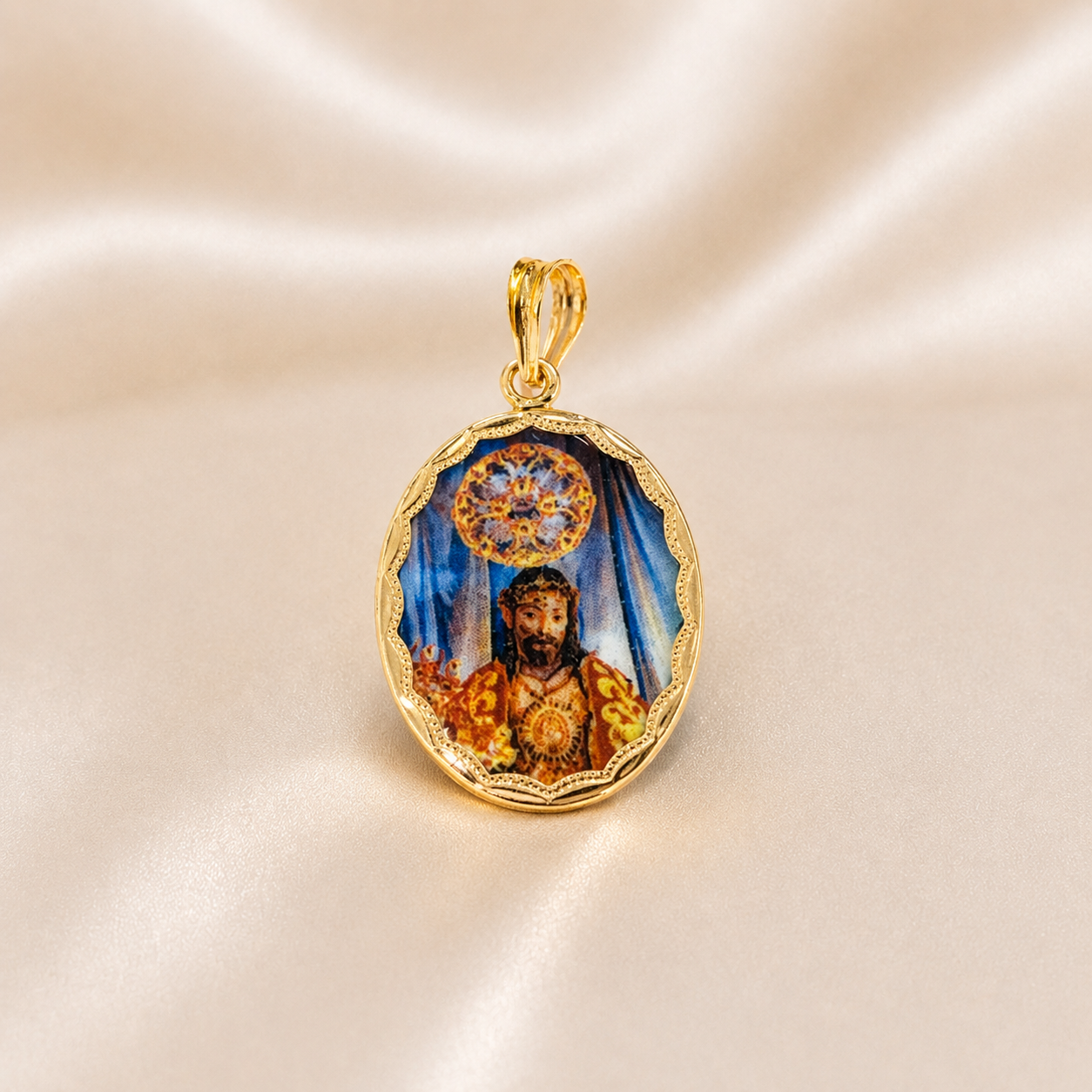 Gold pendant with a religious scene on a beige fabric background 19.2K Portuguese Gold | Porcelain Bezel Saint Christ ( Santo Cristo ) Pendant Vintage 