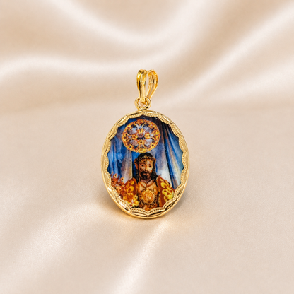 Gold pendant with a religious scene on a beige fabric background 19.2K Portuguese Gold | Porcelain Bezel Saint Christ ( Santo Cristo ) Pendant Vintage 