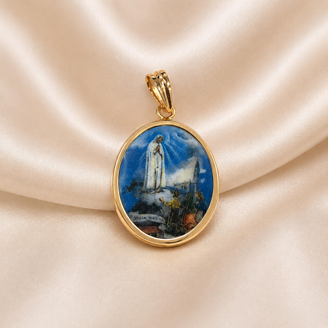 Gold pendant with a scenic design on a beige satin background 19.2K Portuguese Gold | Porcelain Bezel Saint Fatima Pendant Plain Bezel