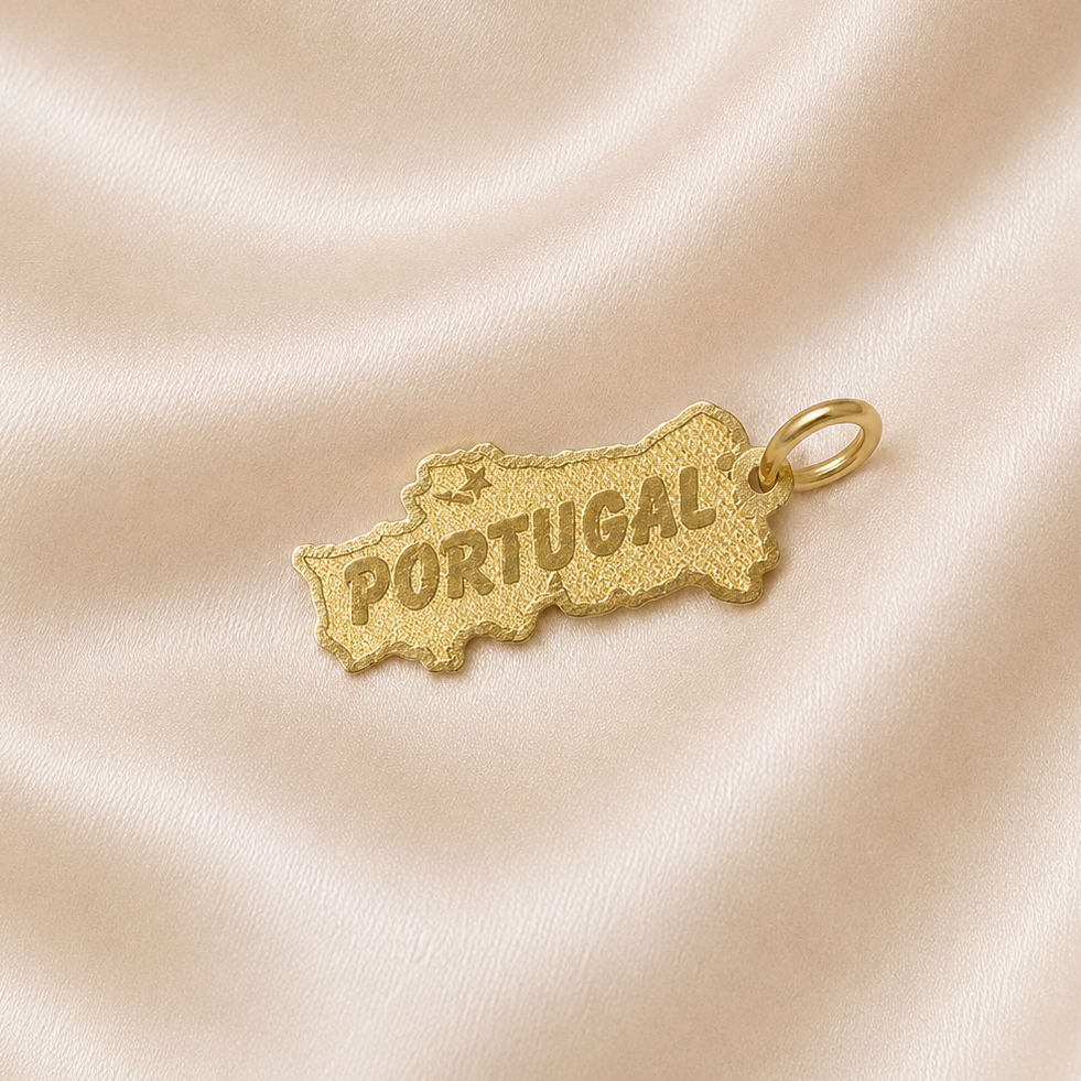Gold 'Portugal' map charm on a satin background 19.2K Portuguese Gold | Portugal Map Pendant