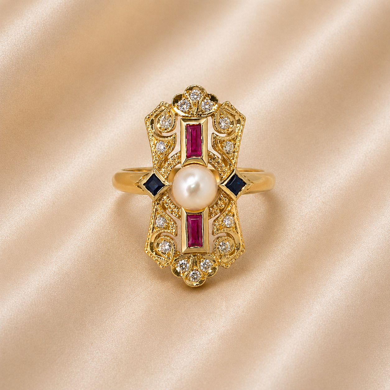 19.2K Portuguese Gold | Queen Amelia Ring W/ Sapphire, Ruby and Natural Diamonds