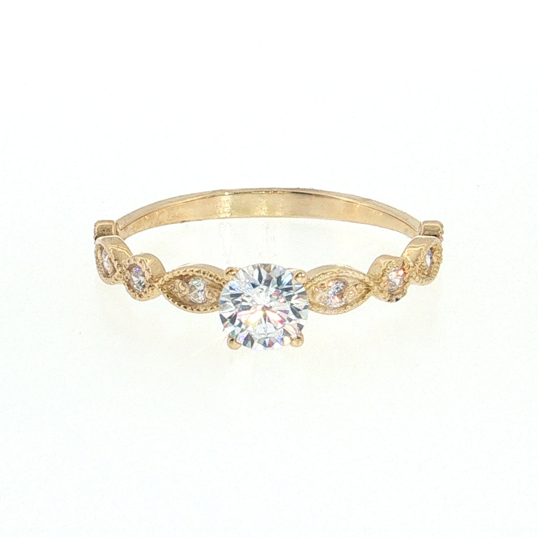 19.2K Portuguese Gold | Round CZ Engagement Ring with Milgrain Leaf-Shaped Accents