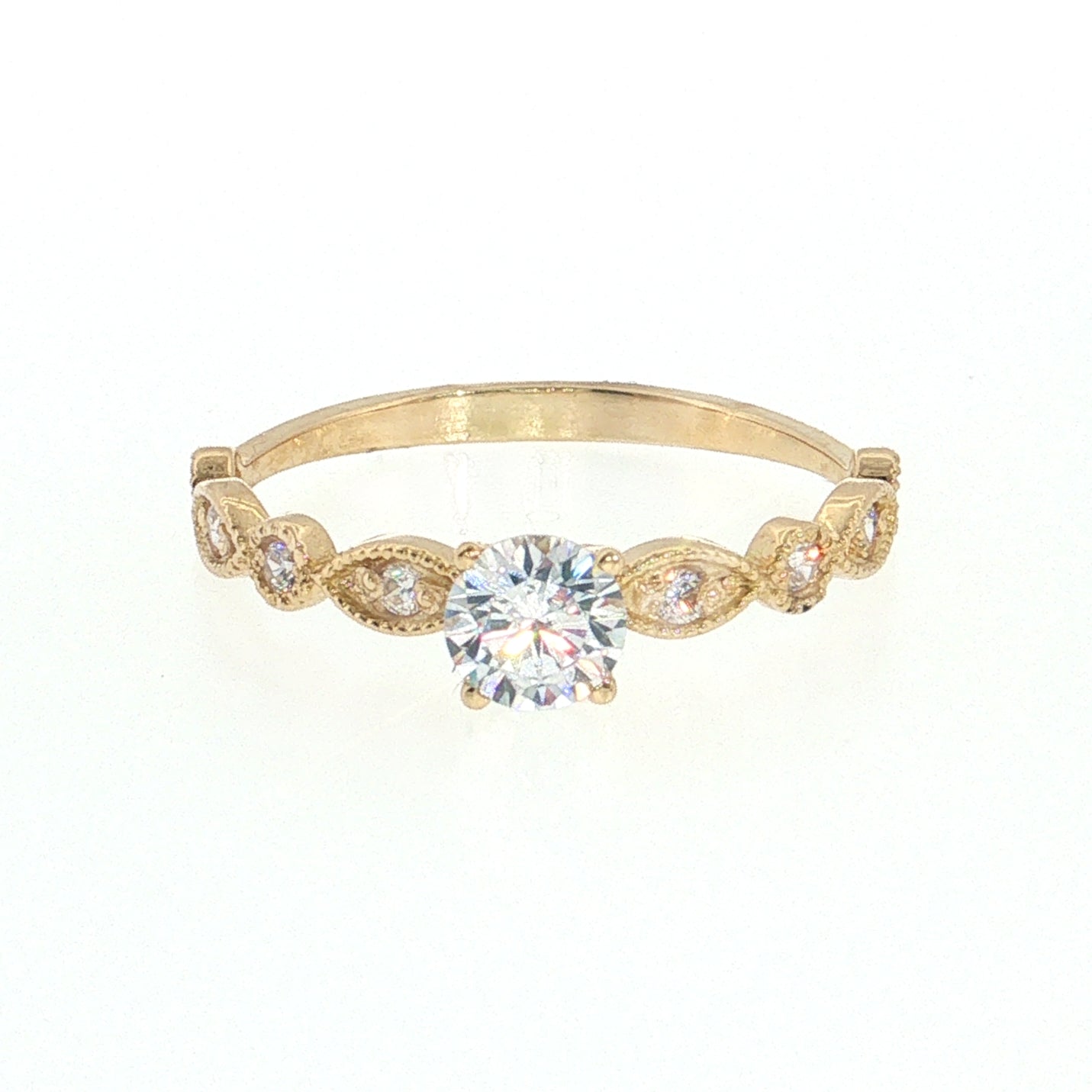 19.2K Portuguese Gold | Round CZ Engagement Ring with Milgrain Leaf-Shaped Accents