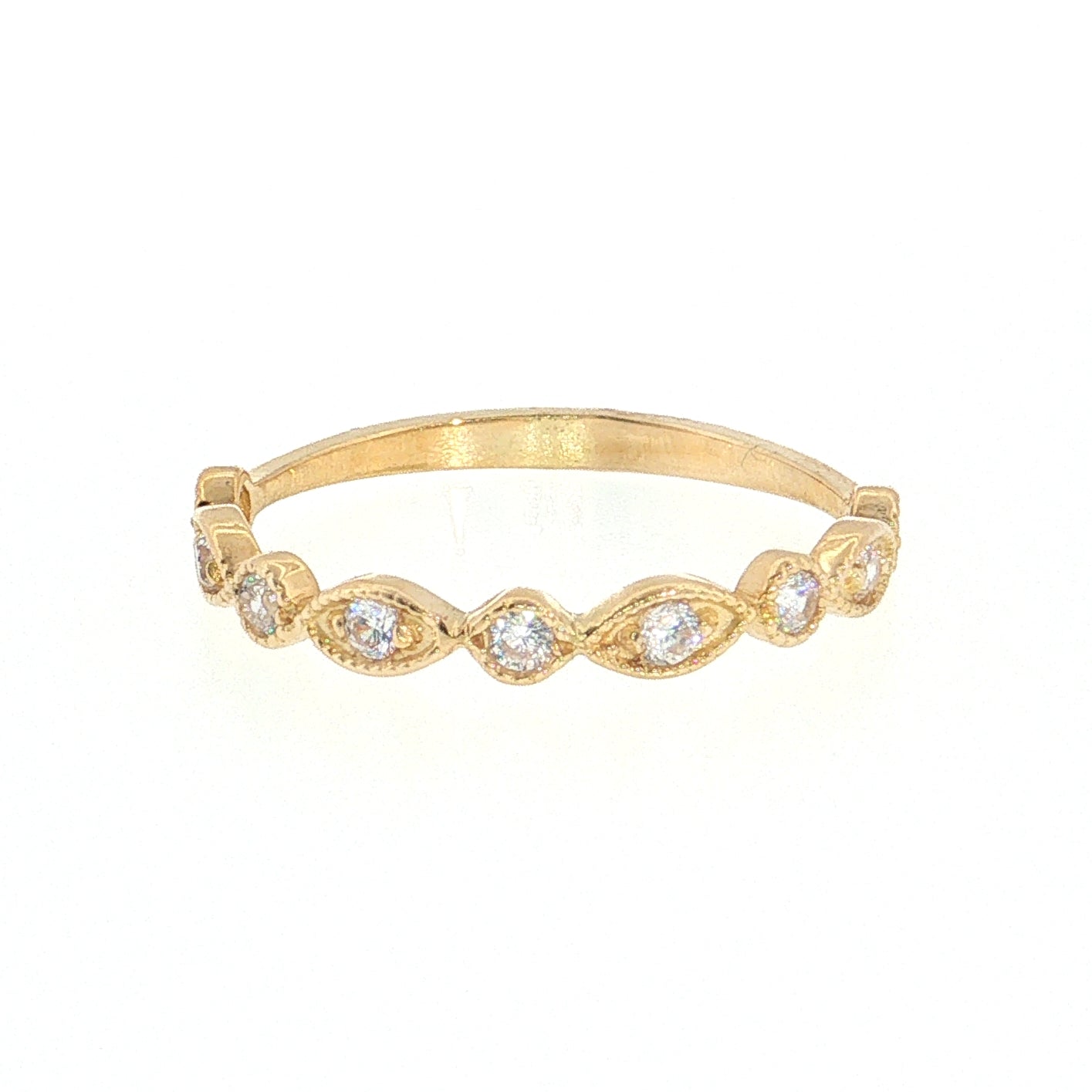 19.2K Portuguese Gold |  Round CZ Wedding Band with Milgrain Leaf-Shaped Accents