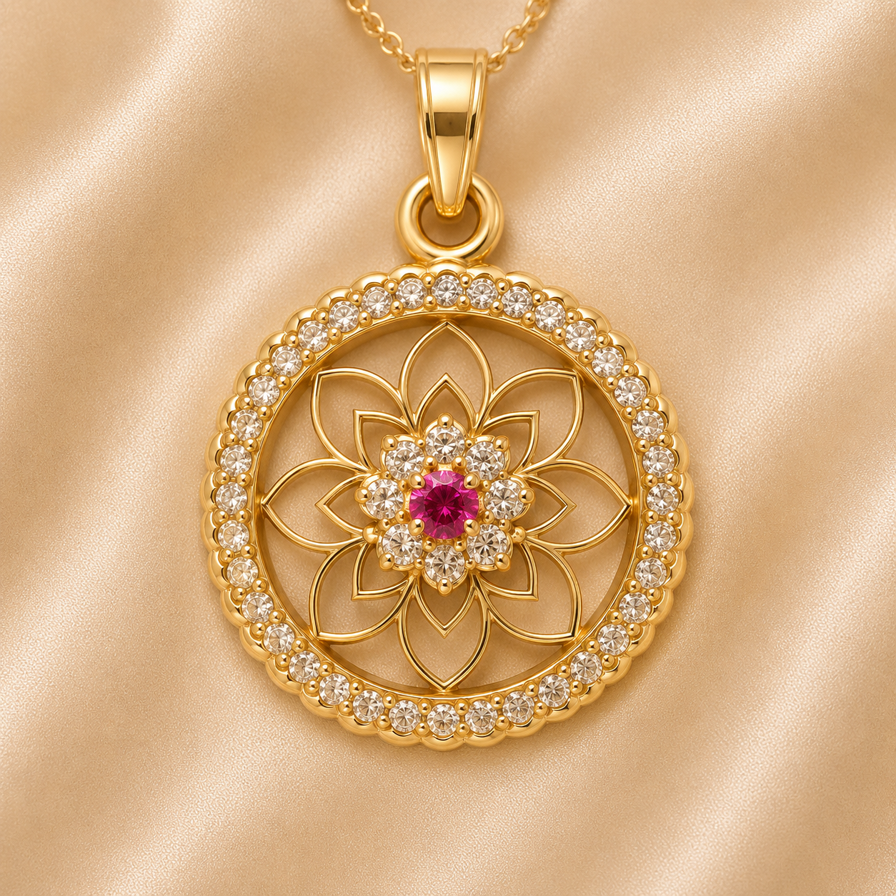 19.2K Portuguese Gold | Round Floral Pendant Red