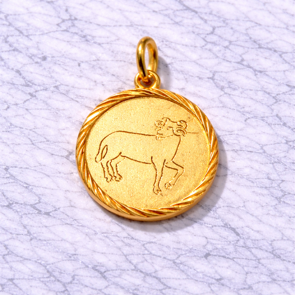 19.2K Portuguese Gold Aries zodiac pendant with a zodiac design on a marble surface