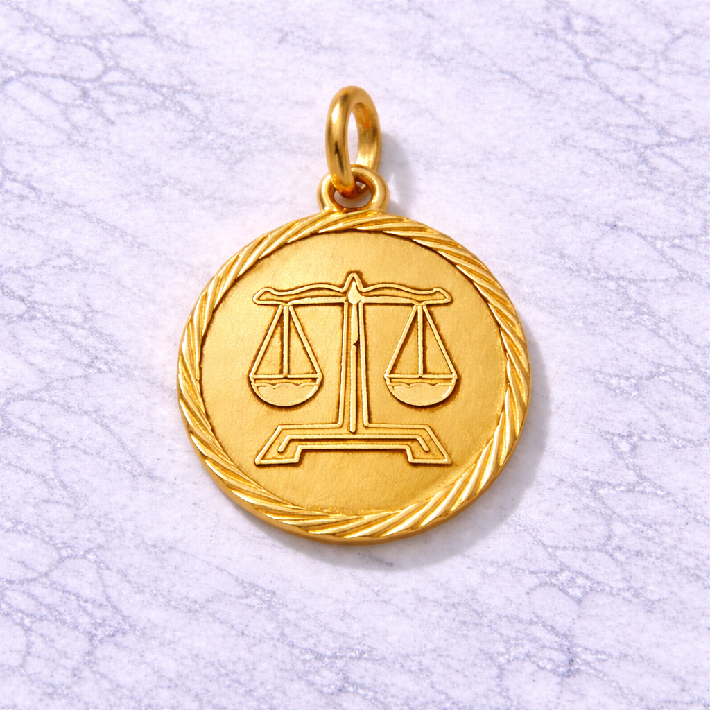 19.2K Portuguese Gold pendant with a Libra zodiac scales design on a light gray background