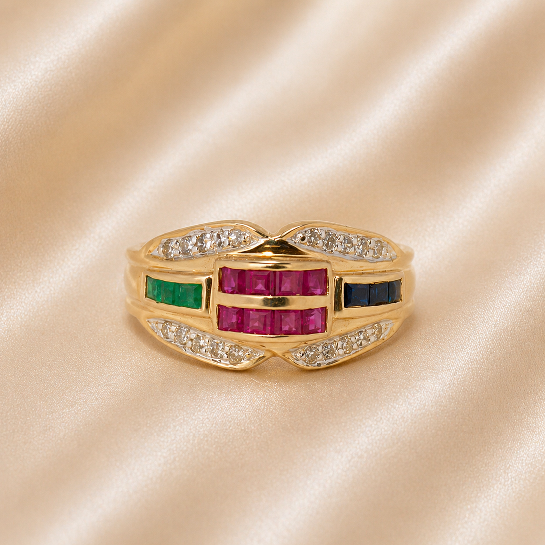 19.2K Portuguese Gold | Ruby Sapphire Emerald Ring with Natural Diamonds