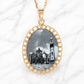 19.2K Portuguese Gold | Santo Cristo " Holy Christ " Pendants Gold-framed pendant with a black and white image of a building on a white background