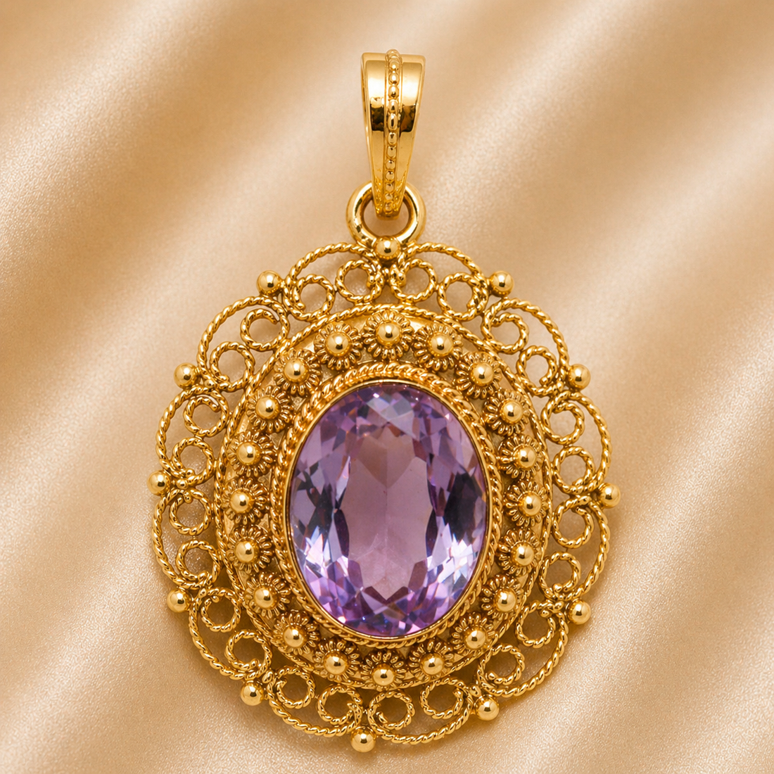 19.2K Portuguese Gold | Small Oval Pendant with Purple Stone