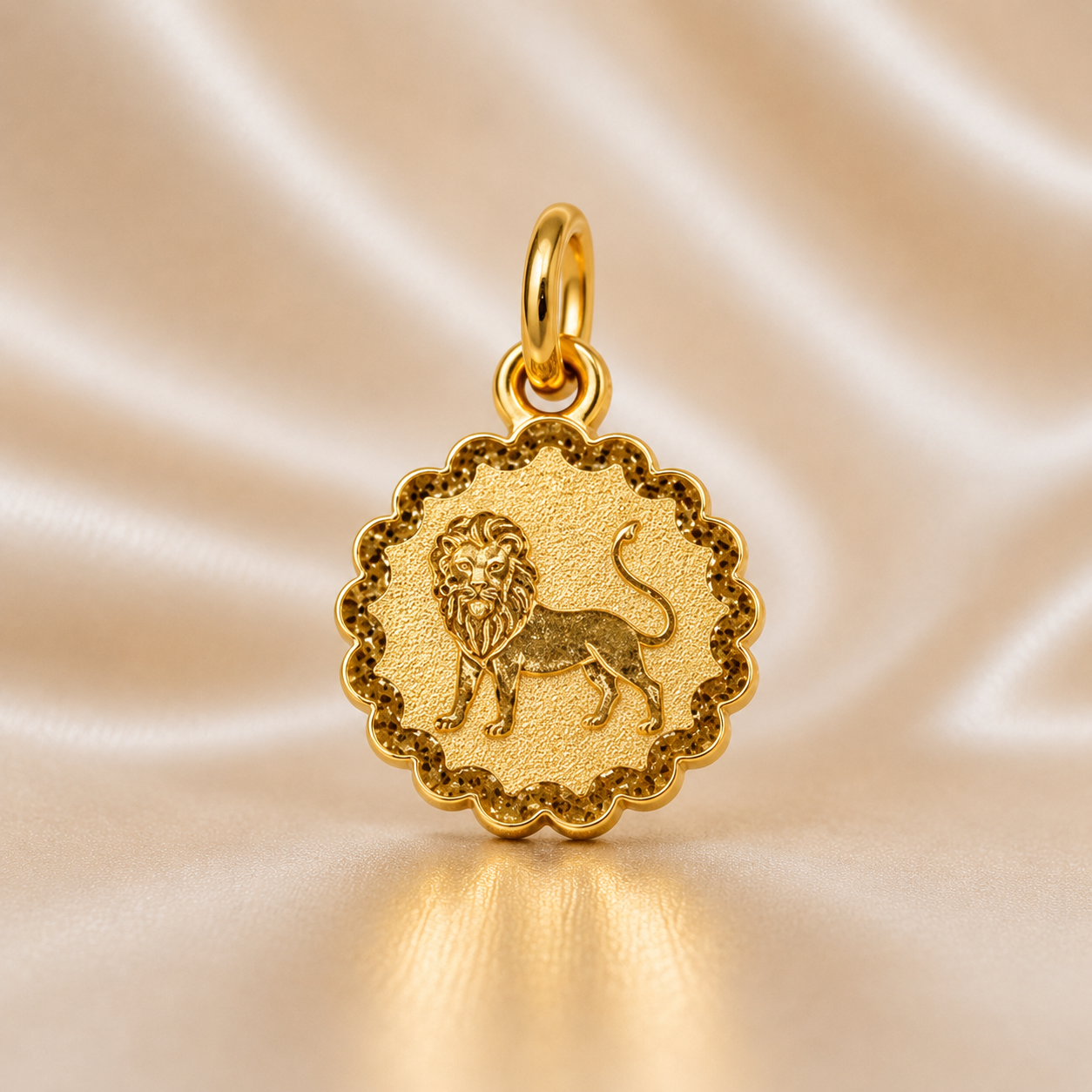 Gold lion pendant on a beige satin background 19.2K Portuguese Gold | Sunburst Zodiac Charms Leo Sign