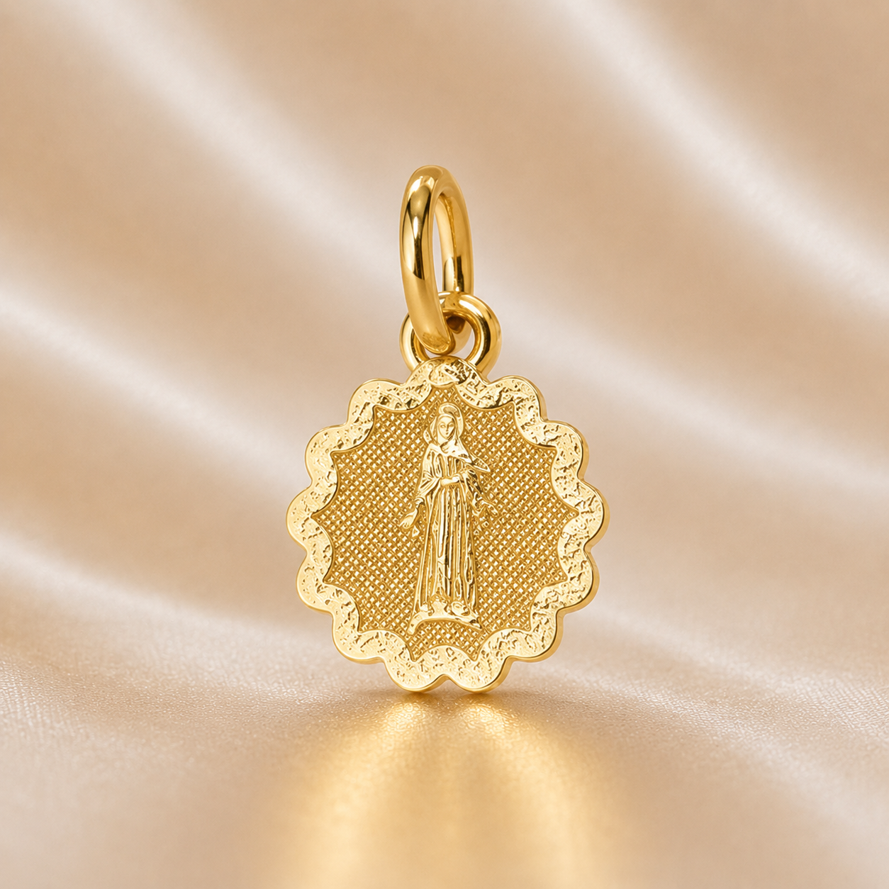 Gold pendant with a religious figure on a beige satin background 19.2K Portuguese Gold | Sunburst Zodiac Charms Virgo Charm 