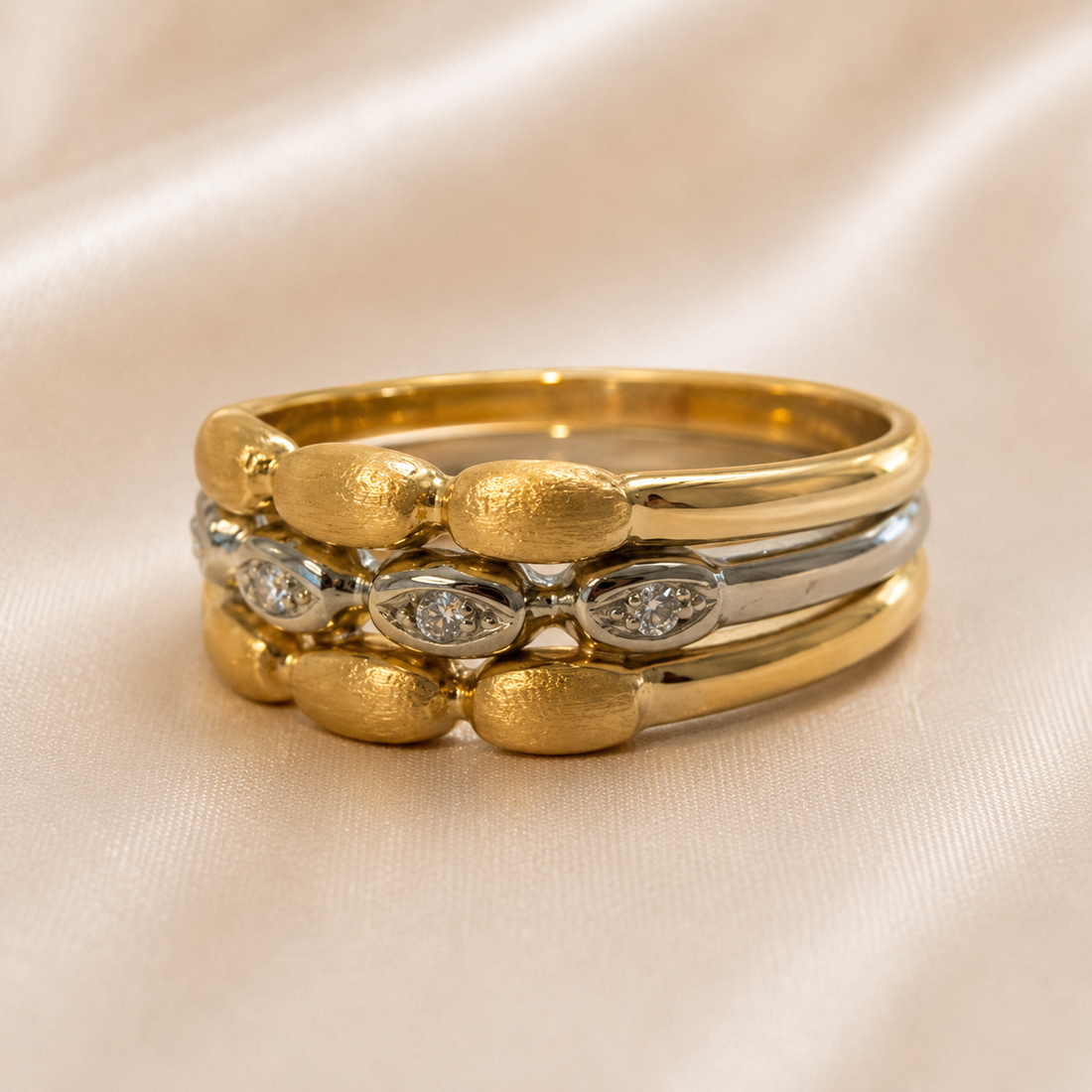19.2K Portuguese Gold | Tricolor Beaded Stack Ring CZ stone