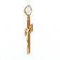 A gold crucifix pendant with a polished finish, suspended from a clear plastic display hook against a solid white background.