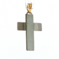 A silver-toned metal cross pendant with a textured finish, suspended from a gold-colored bail on a clear cord, set against a solid white background.