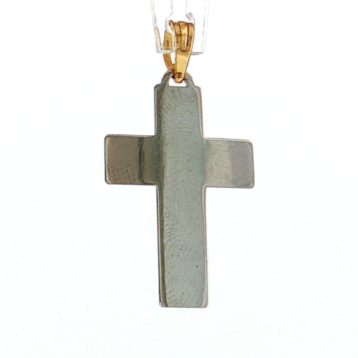 A silver-toned metal cross pendant with a textured finish, suspended from a gold-colored bail on a clear cord, set against a solid white background.