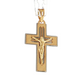 A gold crucifix pendant necklace with a raised figure of Jesus on a textured gold cross, suspended from a clear chain against a white background.
