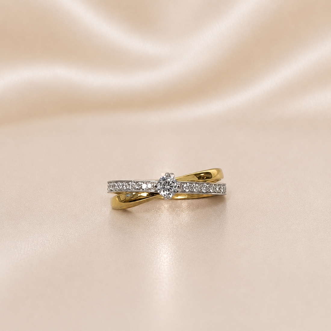 19.2K Portuguese Gold | Two Tone Round CZ Pave Twist Ring
