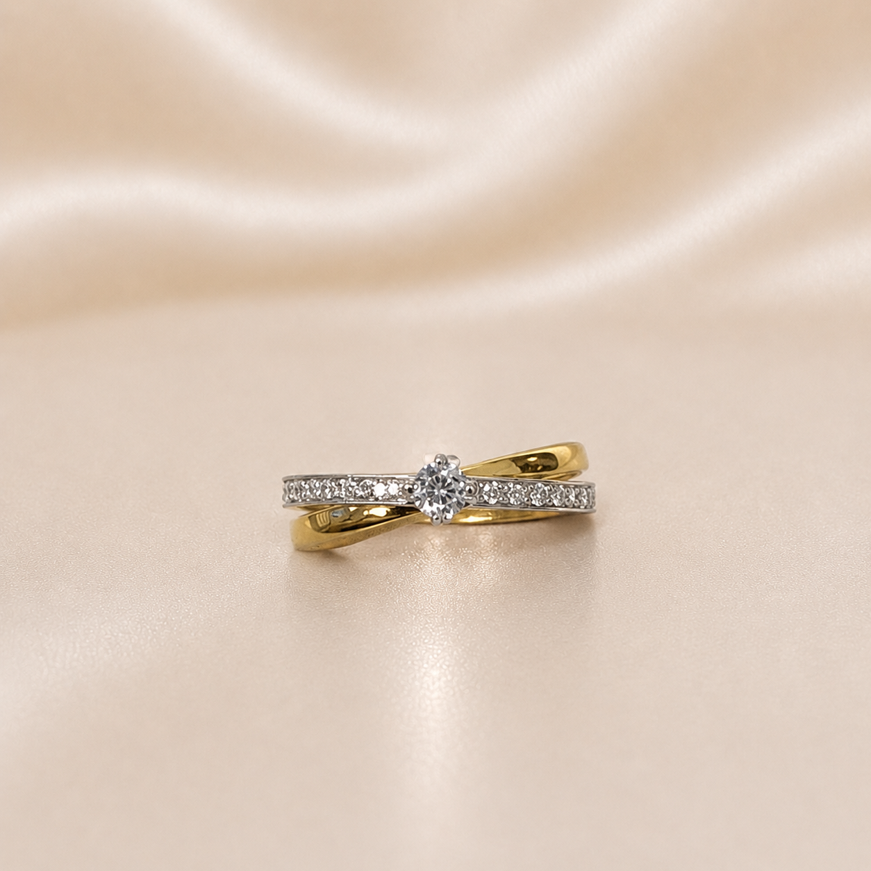 19.2K Portuguese Gold | Two Tone Round CZ Pave Twist Ring
